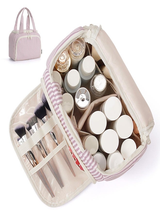 Narwey Large Travel Toiletry Bag, Wide-open Travel Bag for Toiletries, Toiletry Bags for Traveling Women, Cosmetic Make Up Makeup Bag Organizer with Wet Pocket, Shower Skincare Bag (Dusty Pink Stripe) - Image 1