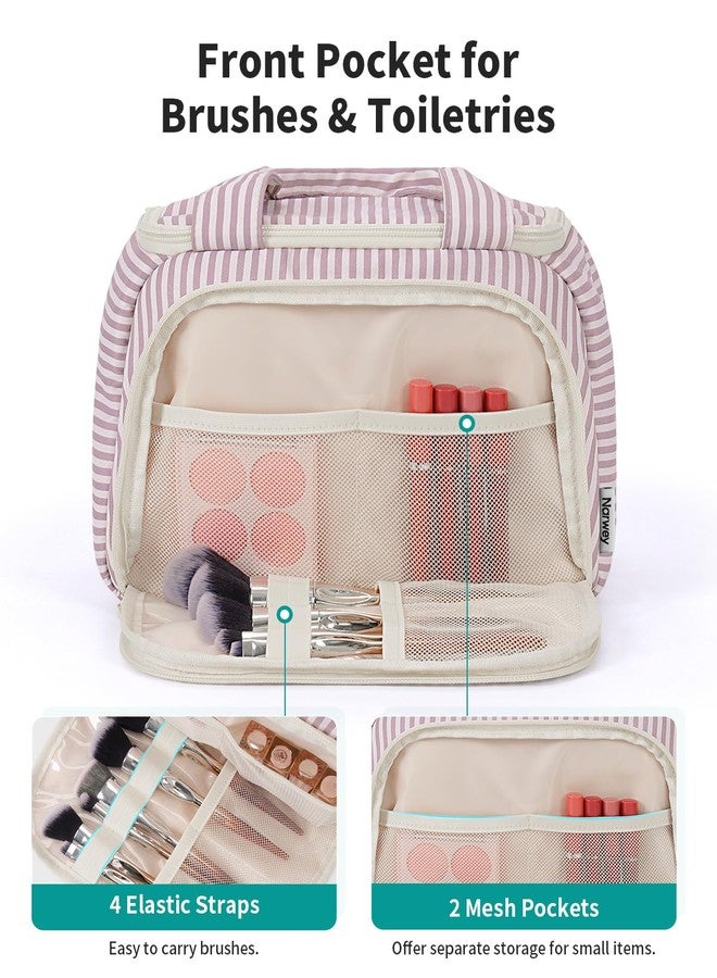 Narwey Large Travel Toiletry Bag, Wide-open Travel Bag for Toiletries, Toiletry Bags for Traveling Women, Cosmetic Make Up Makeup Bag Organizer with Wet Pocket, Shower Skincare Bag (Dusty Pink Stripe) - Image 3