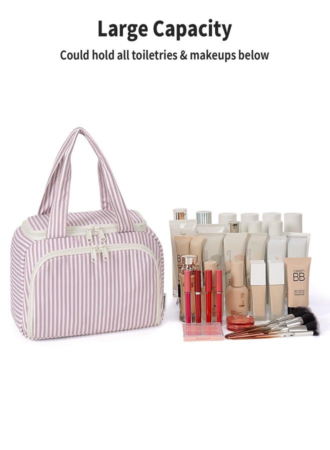 Narwey Large Travel Toiletry Bag, Wide-open Travel Bag for Toiletries, Toiletry Bags for Traveling Women, Cosmetic Make Up Makeup Bag Organizer with Wet Pocket, Shower Skincare Bag (Dusty Pink Stripe) - Image 5