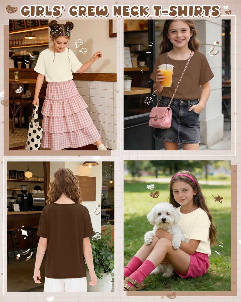 LessonZoo 3 Pack Girls Short Sleeve T Shirts Kids Loose Fit Crew Neck Tops Rolled Cuff Summer Basic Casual Blouse(9-10 Years,Cream, Mocha Brown, Brown) - Image 3