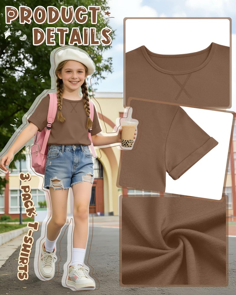 LessonZoo 3 Pack Girls Short Sleeve T Shirts Kids Loose Fit Crew Neck Tops Rolled Cuff Summer Basic Casual Blouse(9-10 Years,Cream, Mocha Brown, Brown) - Image 4