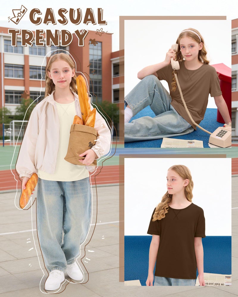 LessonZoo 3 Pack Girls Short Sleeve T Shirts Kids Loose Fit Crew Neck Tops Rolled Cuff Summer Basic Casual Blouse(9-10 Years,Cream, Mocha Brown, Brown) - Image 5