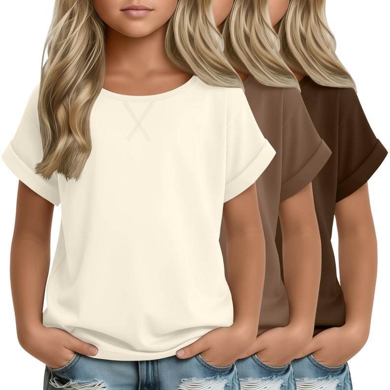 LessonZoo 3 Pack Girls Short Sleeve T Shirts Kids Loose Fit Crew Neck Tops Rolled Cuff Summer Basic Casual Blouse(9-10 Years,Cream, Mocha Brown, Brown) - Image 1