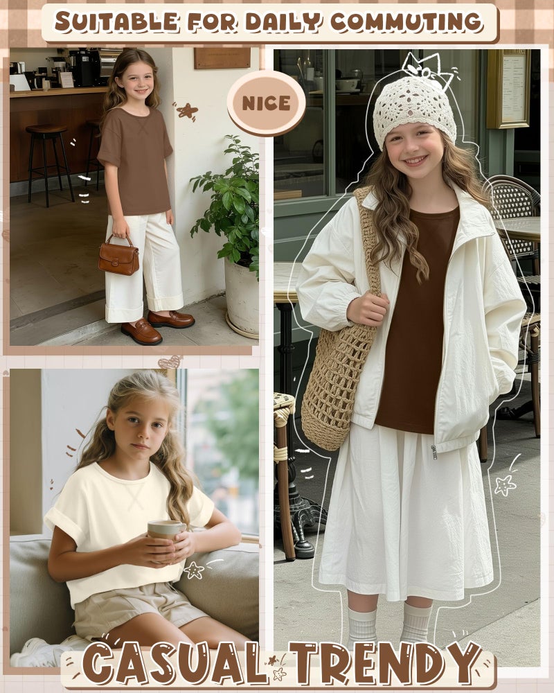 LessonZoo 3 Pack Girls Short Sleeve T Shirts Kids Loose Fit Crew Neck Tops Rolled Cuff Summer Basic Casual Blouse(9-10 Years,Cream, Mocha Brown, Brown) - Image 2