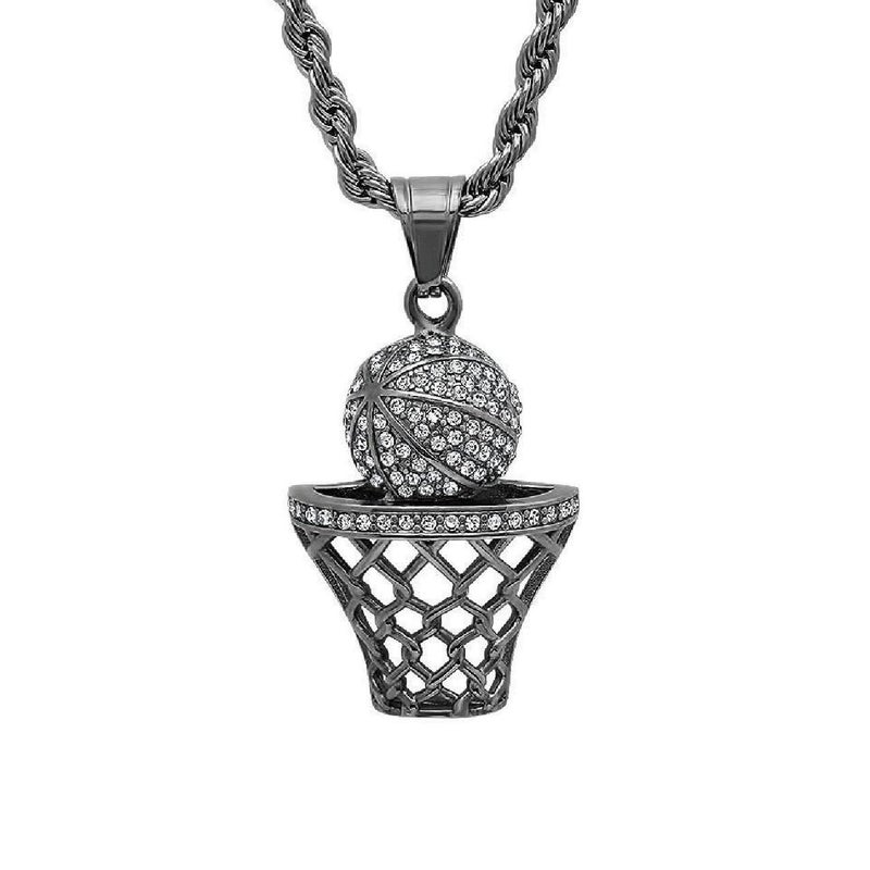 Steeltime 18K Black Ion Plated Basketball Necklace for Adults with Hoop Charm - Black Ion Basketball Chain Jewelry Pendant for Men - Stainless Steel Thick Chain & Simulated Diamonds - Image 1