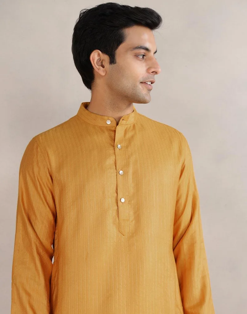 Fabindia Yellow Viscose Blend Dobby Slim Fit Long Kurta