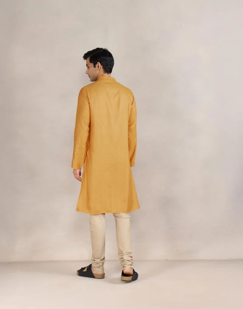 Fabindia Yellow Viscose Blend Dobby Slim Fit Long Kurta