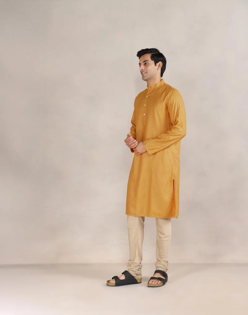 Fabindia Yellow Viscose Blend Dobby Slim Fit Long Kurta