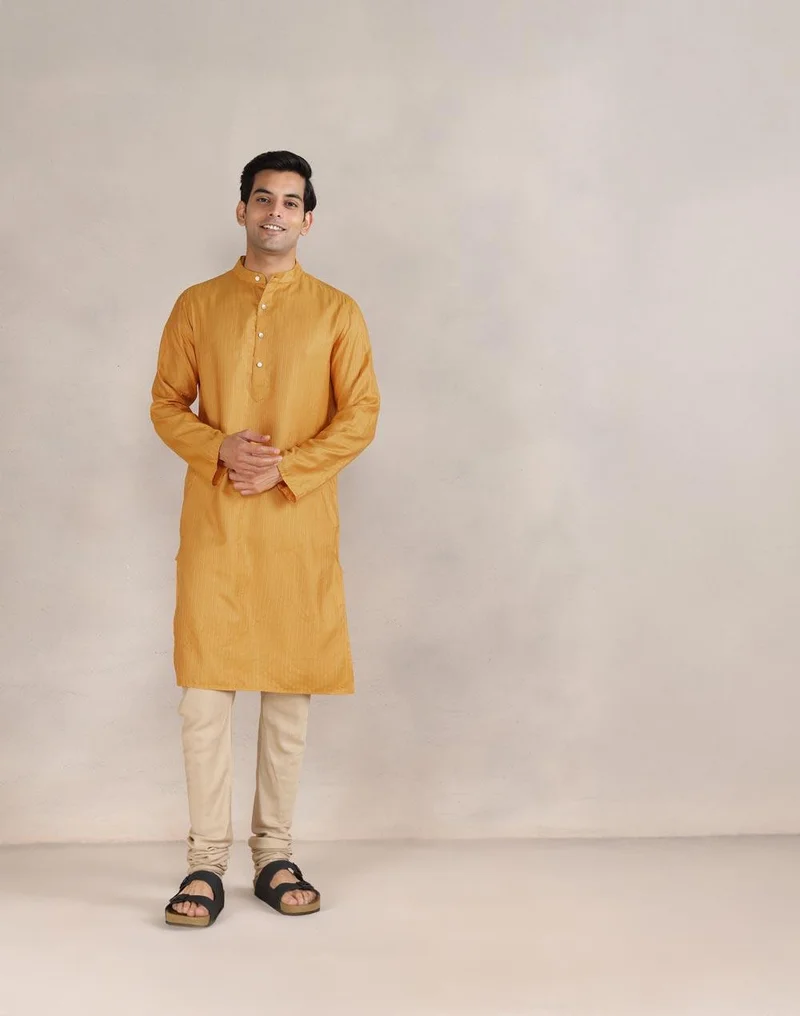 Fabindia Yellow Viscose Blend Dobby Slim Fit Long Kurta