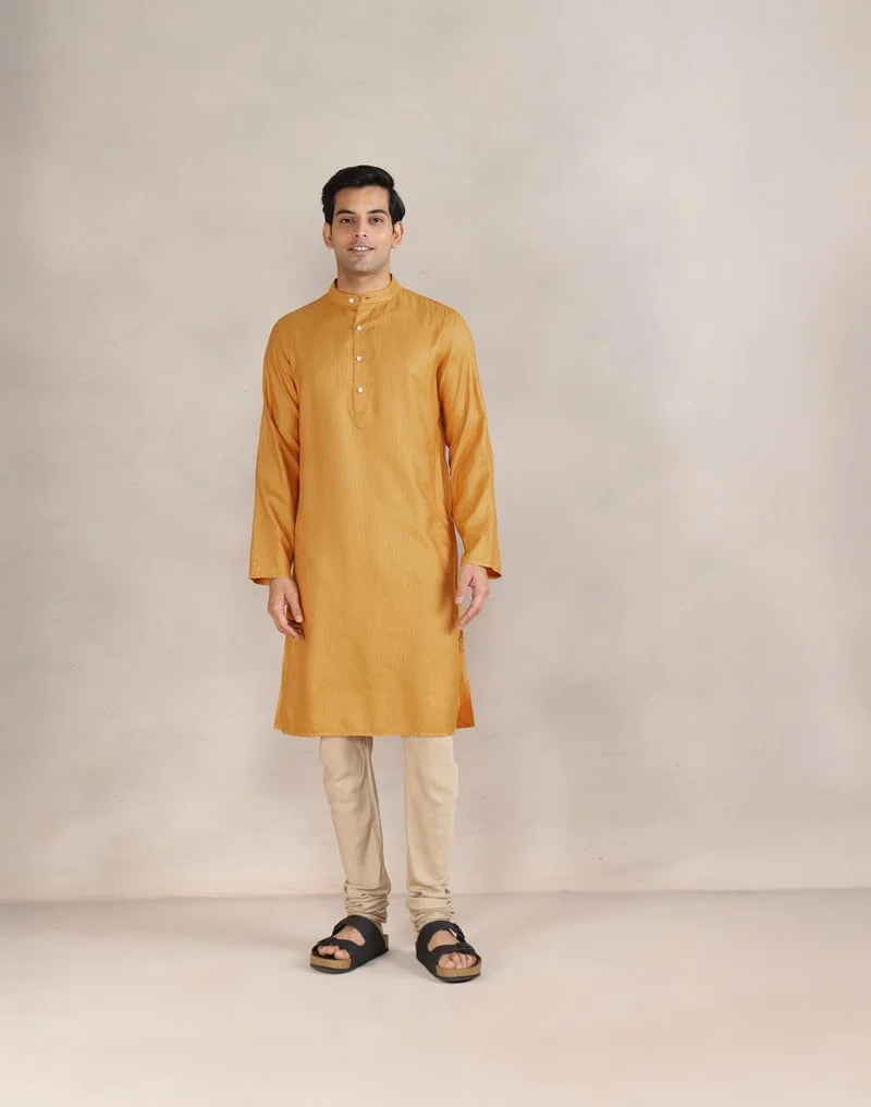 فاب انديا Yellow Viscose Blend Dobby Slim Fit Long Kurta
