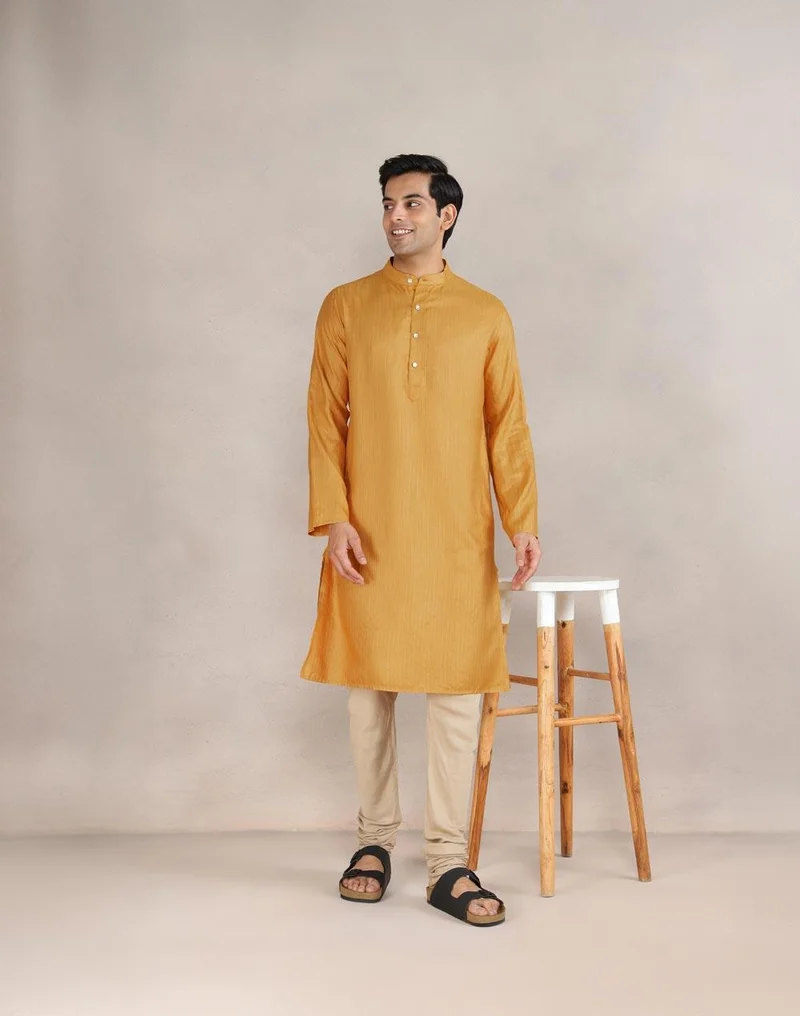 فاب انديا Yellow Viscose Blend Dobby Slim Fit Long Kurta