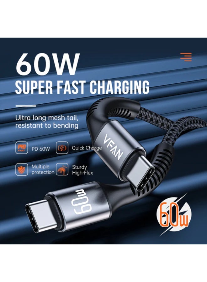 شاحن جداري VFAN X22 فائق السرعة، 60 واط / 30 واط بتقنية GaN، شاحن USB-C و USB-A عالي السرعة متوافق مع الهواتف الذكية، الأجهزة اللوحية، اللابتوب والأجهزة الأخرى
