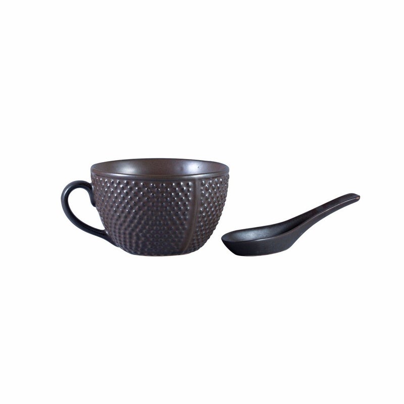 Caffeine Ceramic Handmade Brown Bubble Single Handled Soup Bowl with Spoon Set of 1