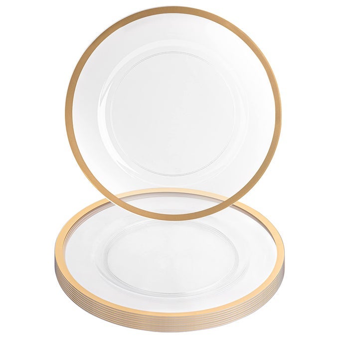 13INCH CHARGER PLATES 8 PACK CLEAR GOLD RIM HEAVYDUTY DISPOSABLE CHARGERS FOR ELEGANT DINING IDEAL FOR WEDDINGS AND FORMAL EVENTS