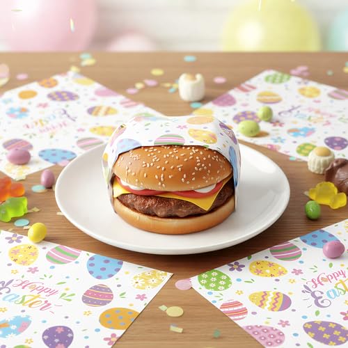 GROBRO7 Easter Wax Paper Sheet - 150Pcs Easter Egg Bunny Flower Pattern Deli Papers, 9.8 x 8.3in Greaseproof Waterproof Disposable Food Wrap for Picnic Basket Liner Kitchen Bake Party Supplies - Image 5