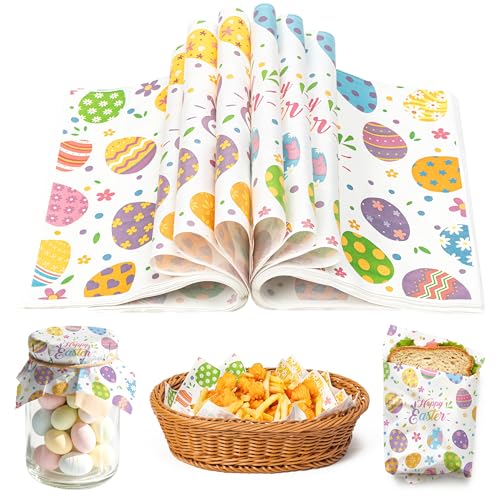 GROBRO7 Easter Wax Paper Sheet - 150Pcs Easter Egg Bunny Flower Pattern Deli Papers, 9.8 x 8.3in Greaseproof Waterproof Disposable Food Wrap for Picnic Basket Liner Kitchen Bake Party Supplies - Image 1