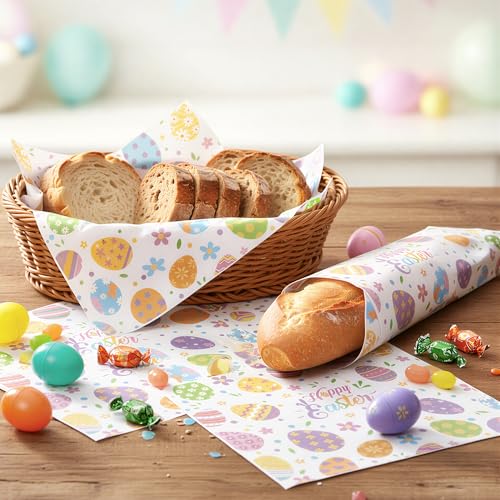 GROBRO7 Easter Wax Paper Sheet - 150Pcs Easter Egg Bunny Flower Pattern Deli Papers, 9.8 x 8.3in Greaseproof Waterproof Disposable Food Wrap for Picnic Basket Liner Kitchen Bake Party Supplies - Image 3