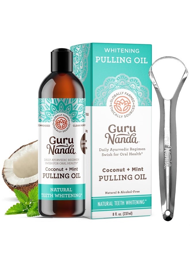 GuruNanda Coconut & Peppermint Oil Pulling (8 Fl.Oz) with Tongue Scraper - Alcohol Free Mouthwash for Fresh Breath, White Teeth & Healthy Teeth & Gums  - Image 1