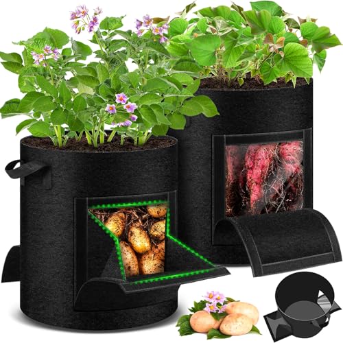 UJG 2 Pack 15 Gallon Potato Grow Bags with PullDown Harvest Window Potato Bags for Growing Potatoes Heavy Duty Thickened Nonwoven Fabric Gardening Vegetable Growing Bags with Visible Window - Image 1