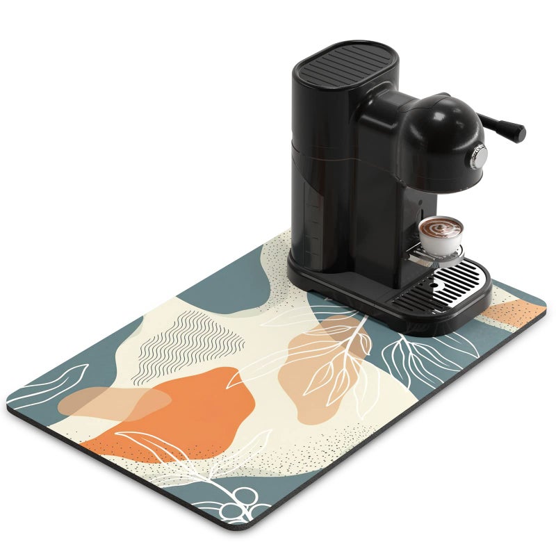 Rnivvi Coffee Mat 12 x 19 Cute Boho Theme Coffee Bar Mats for Espresso Machine Station Accessories and Organizer Hide Stain Rubber Backed Absorbent Dish Drying Pad for Kitchen Counter Leaves