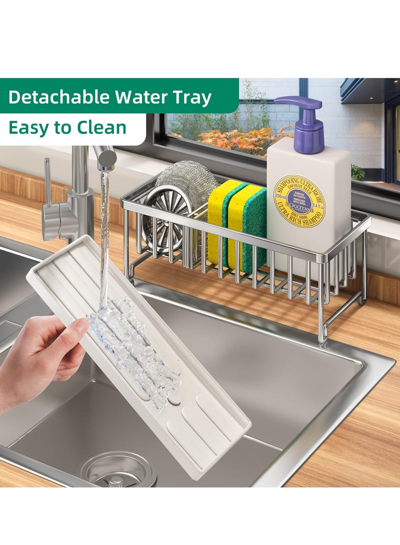 Excefore Kitchen Sink Caddy, Stainless Steel Kitchen Faucet Sponge Holder Kitchen Sink Caddy, 304 Stainless Steel Holder for Sink,Kitchen Organizer Soap Brush Dispenser, with Divider - Image 5