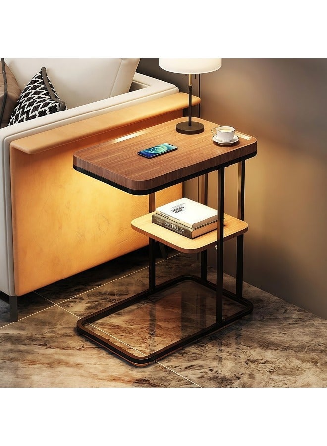 GGEROU C-Shape Side Table, Narrow Sofa Table with 2 Shelves, Metal Frame, Small Coffee Table, Scandinavian Style Coffee Table for Living Room, Bedroom and Laptop, Brown  - Image 1