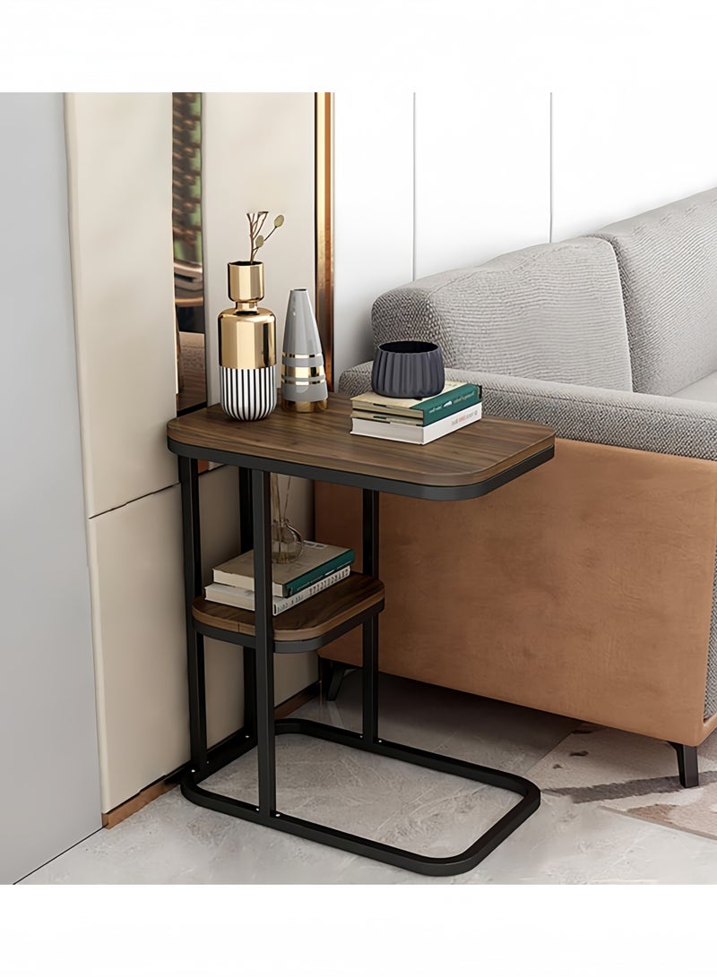 GGEROU C-Shape Side Table, Narrow Sofa Table with 2 Shelves, Metal Frame, Small Coffee Table, Scandinavian Style Coffee Table for Living Room, Bedroom and Laptop, Brown  - Image 3