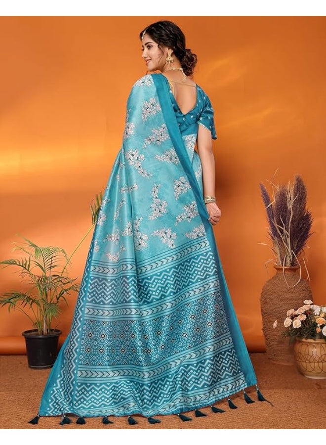 Yashika Women's Art Silk Saree Printed Saree with Tassels Unstitched Blouse Material Stylish Saree Casual Wear Saree Traditional Saree Trendy Saree|Rama - Image 2