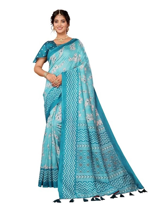 Yashika Women's Art Silk Saree Printed Saree with Tassels Unstitched Blouse Material Stylish Saree Casual Wear Saree Traditional Saree Trendy Saree|Rama - Image 1