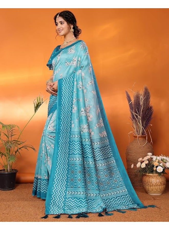 Yashika Women's Art Silk Saree Printed Saree with Tassels Unstitched Blouse Material Stylish Saree Casual Wear Saree Traditional Saree Trendy Saree|Rama - Image 4