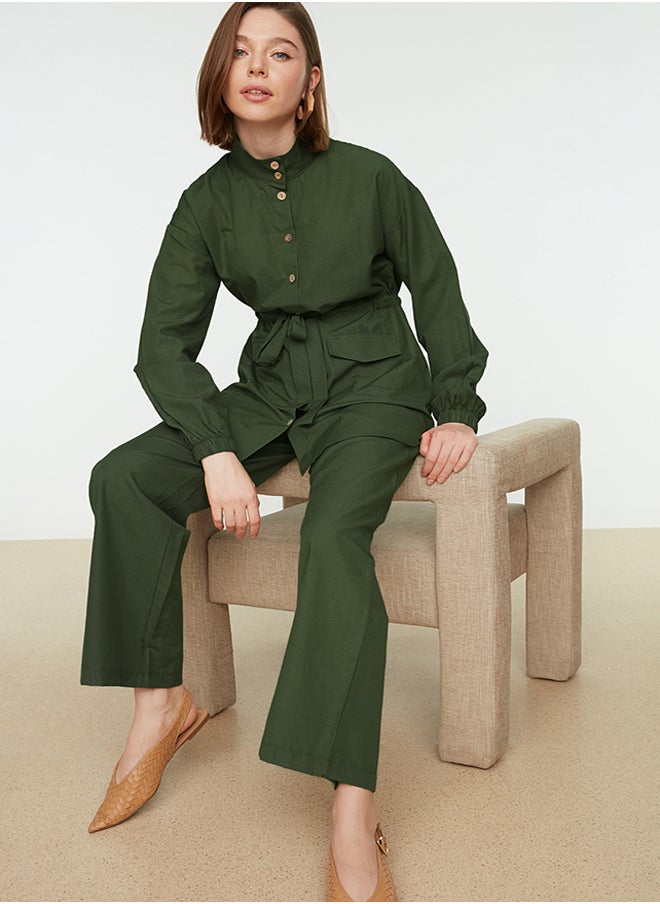 trendyol Khaki High Neck Belted Shirt-Pants Woven Suit TCTSS21AU0247  - Image 2