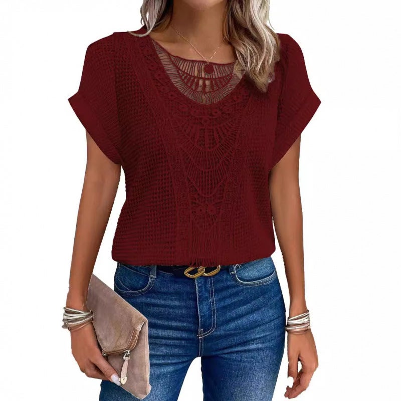2024 Spring And Independent Station Lace Splicing Short-Sleeved T-Shirt Ready-Made Women'S Clothing - Image 5