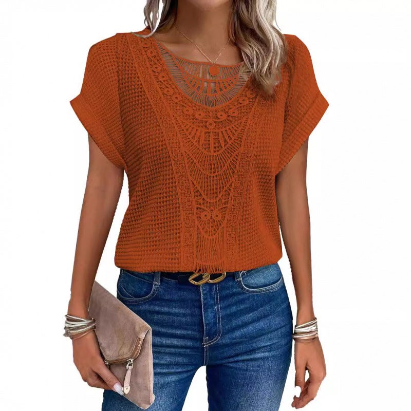 2024 Spring And Independent Station Lace Splicing Short-Sleeved T-Shirt Ready-Made Women'S Clothing - Image 2