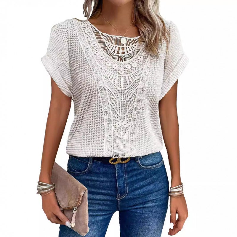 2024 Spring And Independent Station Lace Splicing Short-Sleeved T-Shirt Ready-Made Women'S Clothing - Image 4
