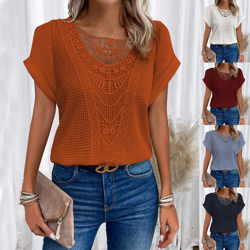 2024 Spring And Independent Station Lace Splicing Short-Sleeved T-Shirt Ready-Made Women'S Clothing - Image 3