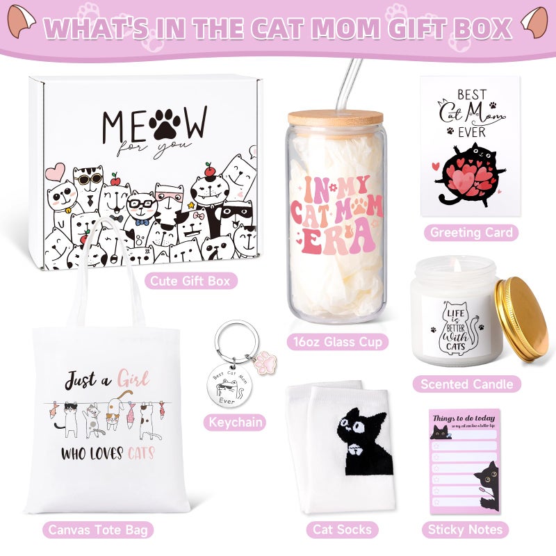 Giftissimo Cat Lover Gifts for Women, Cat Mom Gifts, Catâ€˜s Themed Gift for Christmas Mother's Day Birthdays, Gift for Cats Lovers for Crazy Cats Lady Mom Daughters with Canvas Bag Glass Cup Scented Candle Socks - Image 2