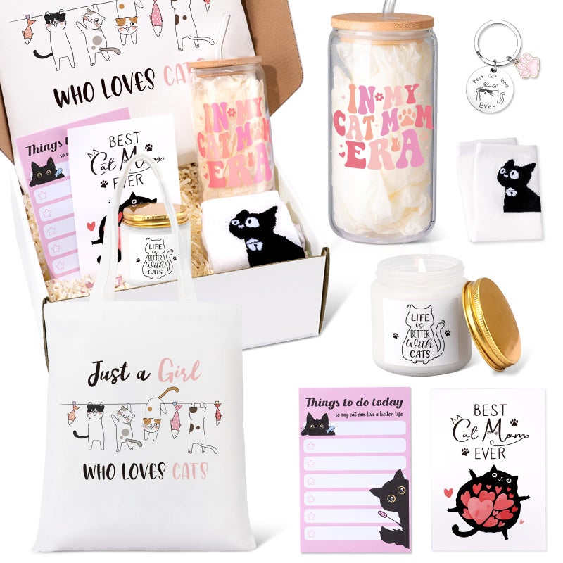 Giftissimo Cat Lover Gifts for Women, Cat Mom Gifts, Catâ€˜s Themed Gift for Christmas Mother's Day Birthdays, Gift for Cats Lovers for Crazy Cats Lady Mom Daughters with Canvas Bag Glass Cup Scented Candle Socks - Image 1