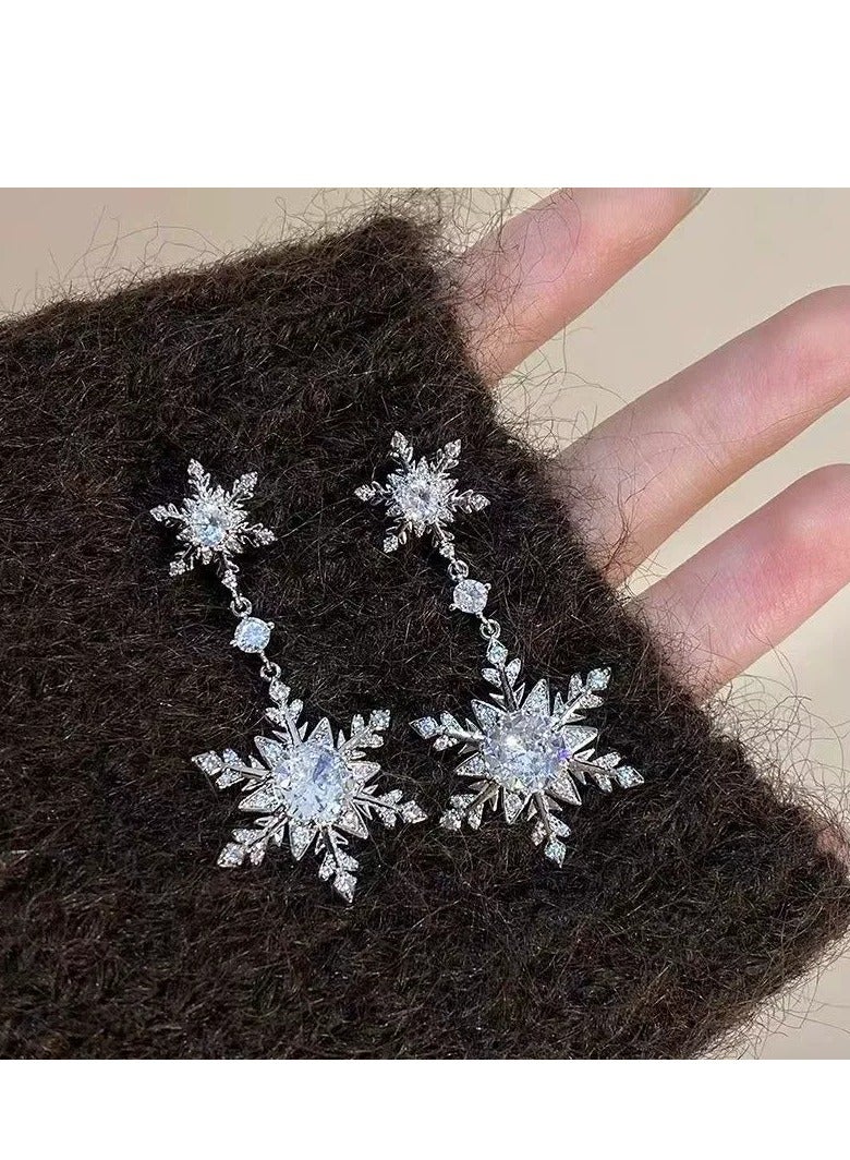 Luxury Zircon Snowflake Earrings for Women – High-End Rhodium Plated, Full Diamond Double Tassel Design, Fashionable and Elegant Studs, Trendy 2025 New Collection - Image 2
