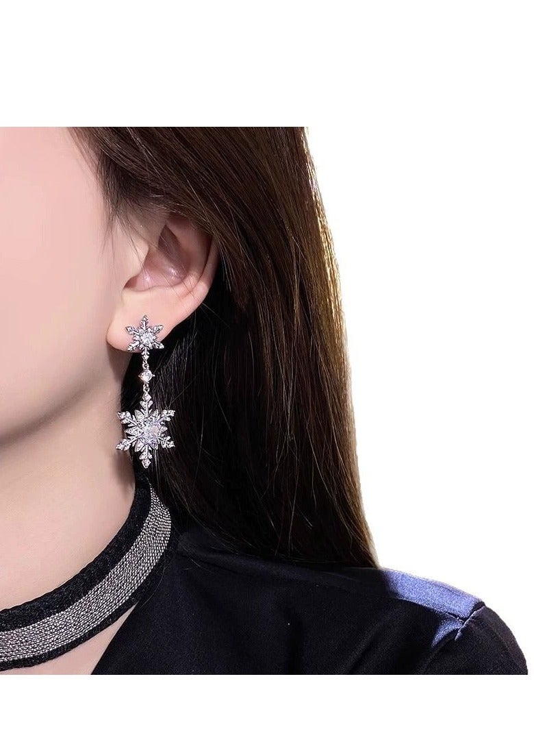 Luxury Zircon Snowflake Earrings for Women – High-End Rhodium Plated, Full Diamond Double Tassel Design, Fashionable and Elegant Studs, Trendy 2025 New Collection - Image 3
