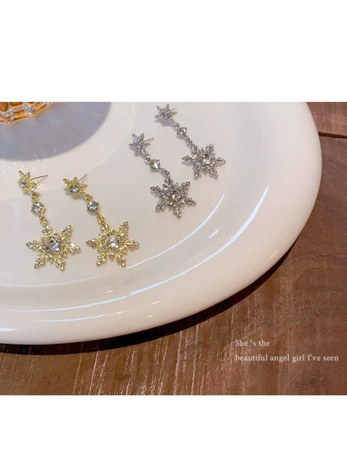 Luxury Zircon Snowflake Earrings for Women – High-End Rhodium Plated, Full Diamond Double Tassel Design, Fashionable and Elegant Studs, Trendy 2025 New Collection - Image 4