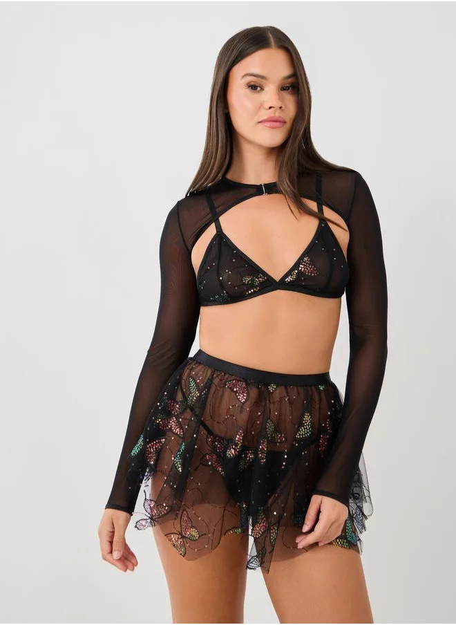Styli Styli Sequin Butterfly Motif Bra, Skirt, Briefs and Fitted Crop Shrug Set
