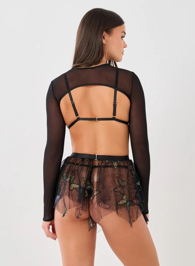 Styli Styli Sequin Butterfly Motif Bra, Skirt, Briefs and Fitted Crop Shrug Set