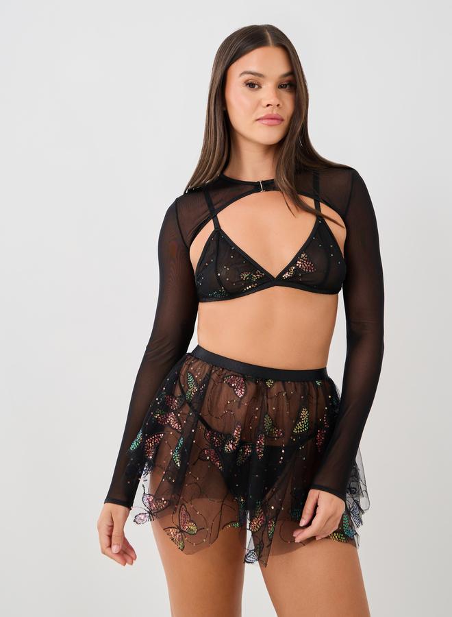 Styli Sequin Butterfly Motif Bra, Skirt, Briefs and Fitted Crop Shrug Set - Image 2