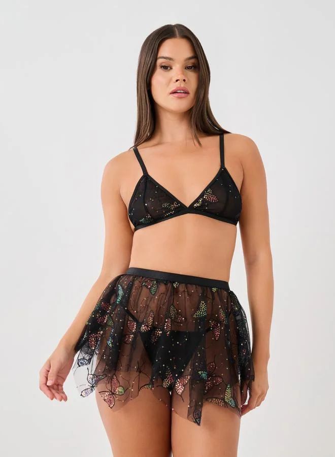 Styli Styli Sequin Butterfly Motif Bra, Skirt, Briefs and Fitted Crop Shrug Set