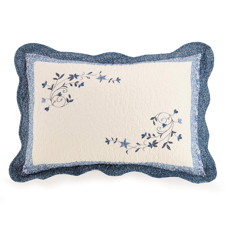 MODERN HEIRLOOM MODERN HEIRLOOM Blue Floral Embroidered Quilted Single Pillow Sham  Lightweight Breathable All Seasons Bedding King Size 