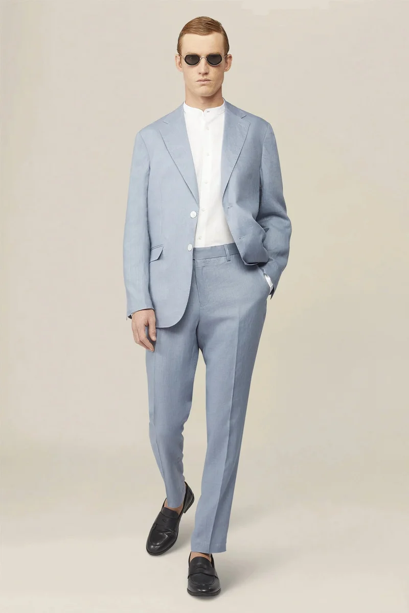 دوبل غانغر Men's single-breasted suit in 100% linen, regular fit - Sky