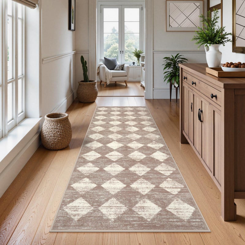 Lahome Moroccan Treills 2x8 Washable Hallway Runner Rug Non Slip Bathroom Kitchen Carpet Runners Checkered Modern Soft Runner for Entryway Living Room Beige