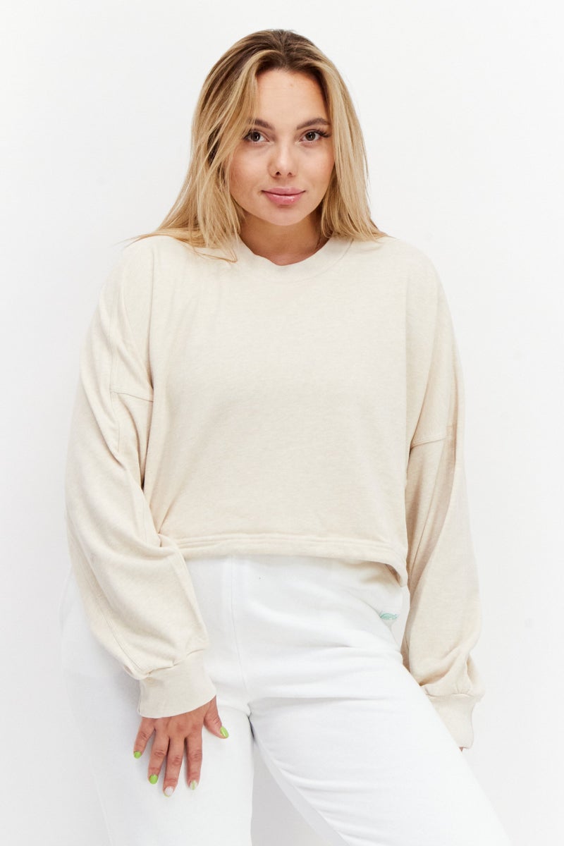 Adidas Women Sportswear Fit Crew Neck Brand Logo Outdoor Sweatshirt, Beige - Image 1