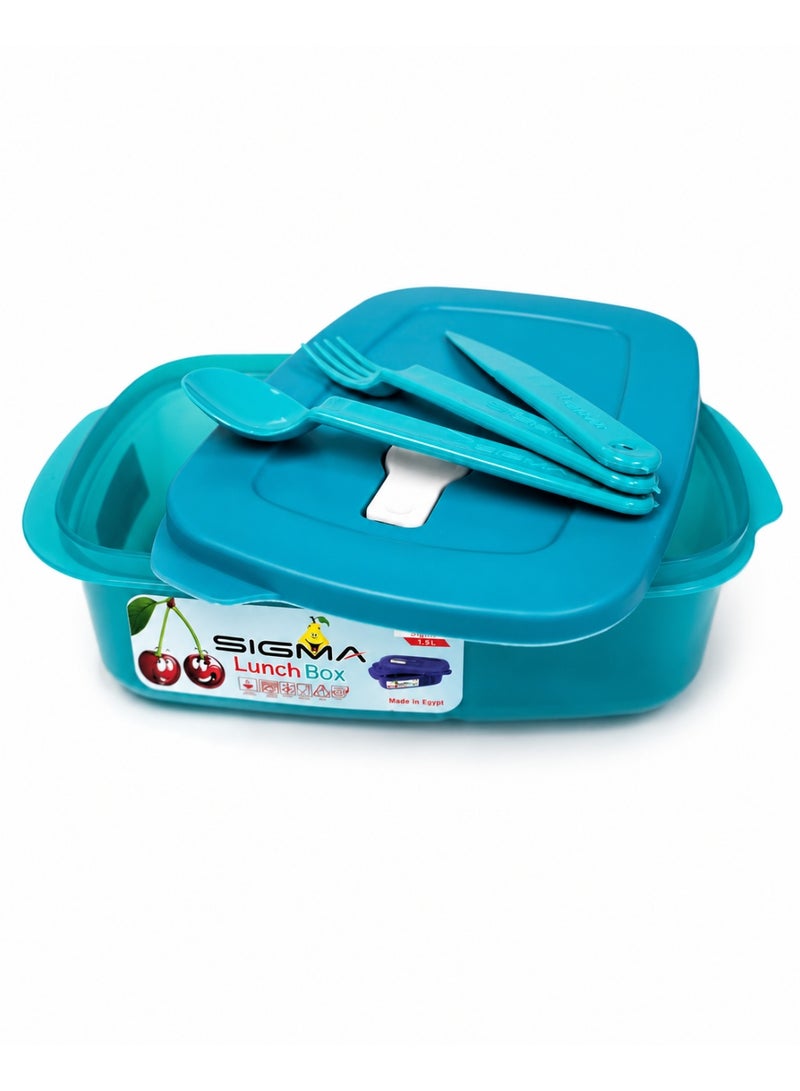 Title Sigma Lunch Box 1.5L with Spoon, Fork & Knife – Reusable Food Container with Secure Lid – Turquoise