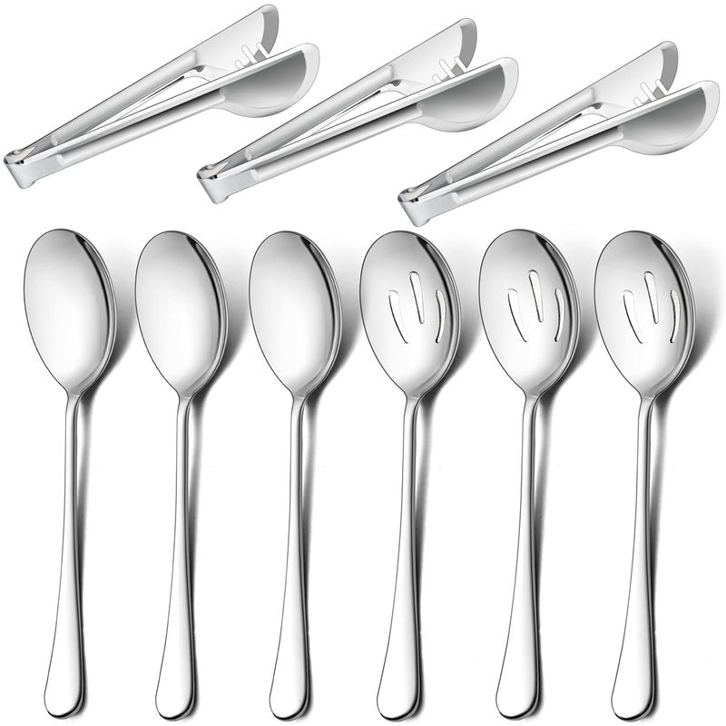 LIANYU 9Piece Large Serving Utensils Set 98 Inch Stainless Steel Buffet Banquet Catering Serving Spoons Forks and Tongs Set Dishwasher Safe